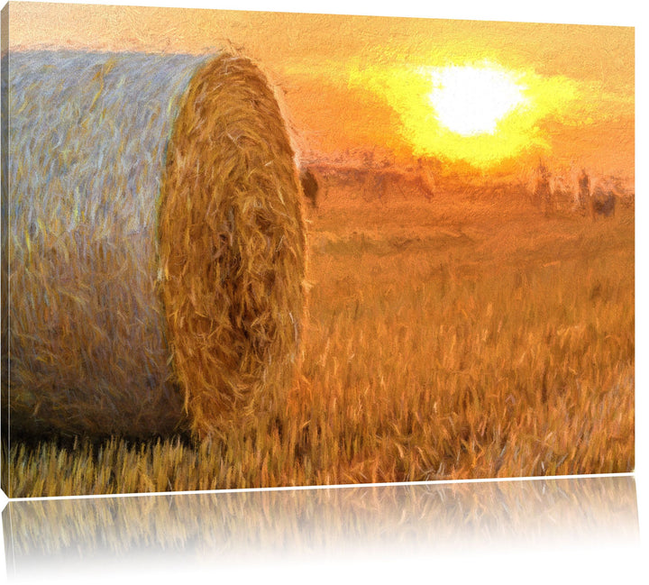 Pixxprint Strohballen auf Feld als Leinwandbild/Grösse: 100x70 cm/Wandbild/Kunstdruck/fertig bespann