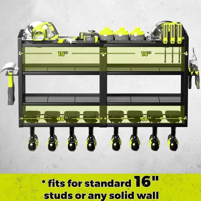 4-tier electric tool storage rack, heavy-duty metal shelf, wall-mounted garage organizer with slots