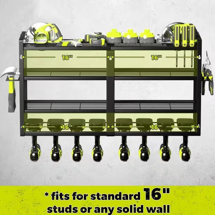 4-tier electric tool storage rack, heavy-duty metal shelf, wall-mounted garage organizer with slots