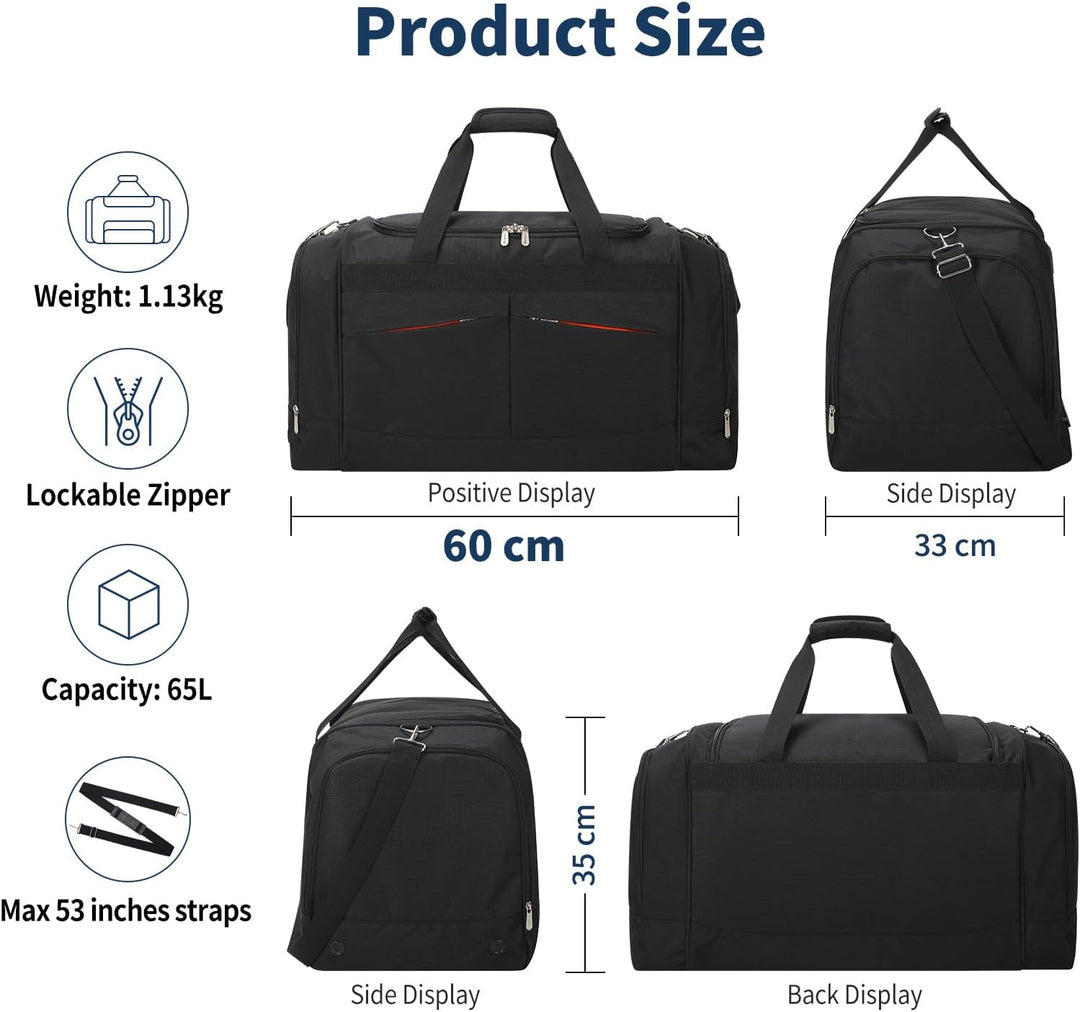 65L Sporttasche Herren Gross - 24 inch Grosse Reisetasche Duffle Bag mit Hartem Boden und Schuhfach