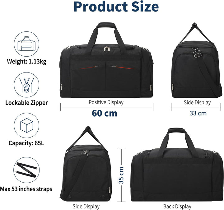 65L Sporttasche Herren Gross - 24 inch Grosse Reisetasche Duffle Bag mit Hartem Boden und Schuhfach