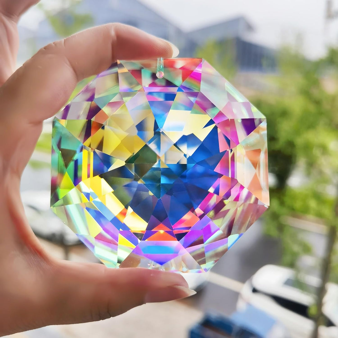 HDCRYSTALGIFTS 80mm Regenbogenprisma Sonnenfänger für das Fenster AB farbige grosse Kristalloktagonp