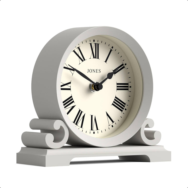 JONES CLOCKS® Saloon Kaminsims Uhr | Klein traditionelles doppelschneckendesign | Grau | Römische zi