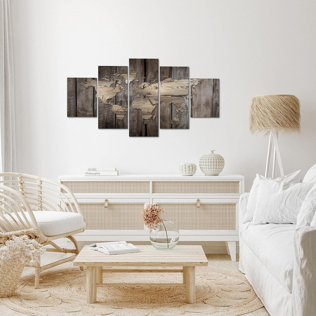 Runa Art Wandbilder Weltkarte 5 Teilig Bild auf Vlies Leinwand Deko Büro Wohnzimmer Holzoptik Beige