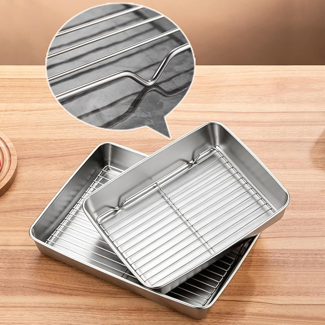 Edelstahl Rechteckig Bratblech, Antihaft Grillschale Bräter mit Gitterrost für Backen, Grillen und B
