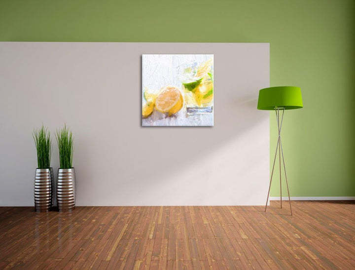 Pixxprint Gin Tonic Shot mit Zitronen als Leinwandbild Quadratisch/Grösse: 70x70 / Wandbild/Kunstdru