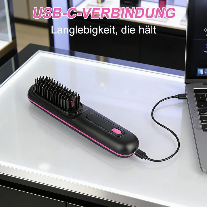 Glättbürste Kabellos - Glättbürste Kabellos mit 3 Wärmestufen, Tragbarer Stylingbürste für Kurze Haa