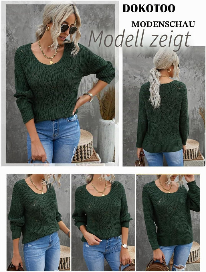 Dokotoo Damen Strickpullover Elegant Rundhals Pullover Herbst Winter Einfarbiger Pulli Oberteil Swea