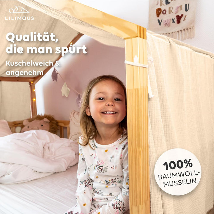 Hausbett Himmel [in 12 Farben] Betthimmel Hausbett aus 100% Baumwolle Musselin - Stoffhimmel für Hau