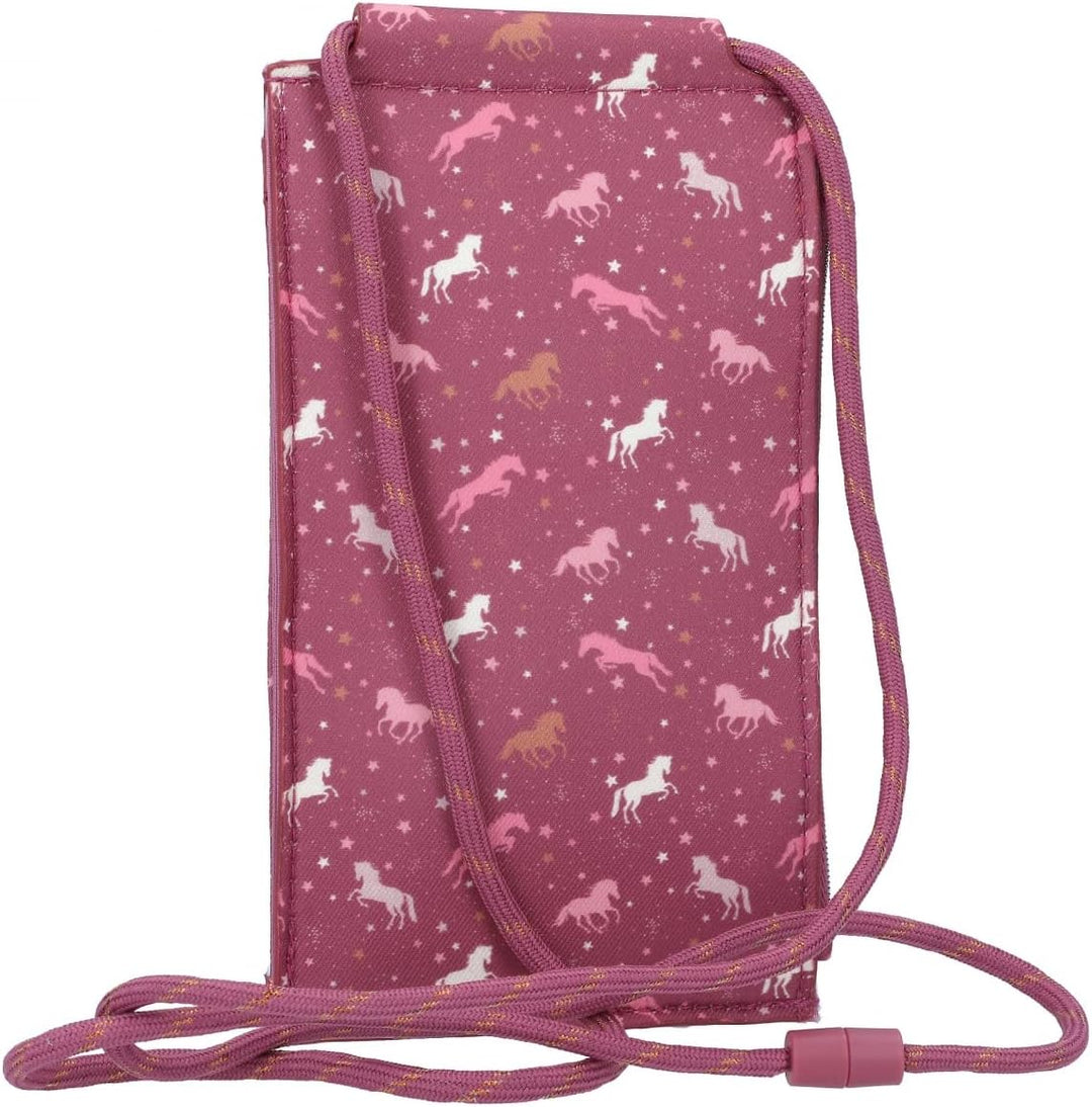 Depesche 11987 Miss Melody Wild Horses - Handytasche zum Umhängen in Bordeaux mit Pferde-Motiv und -