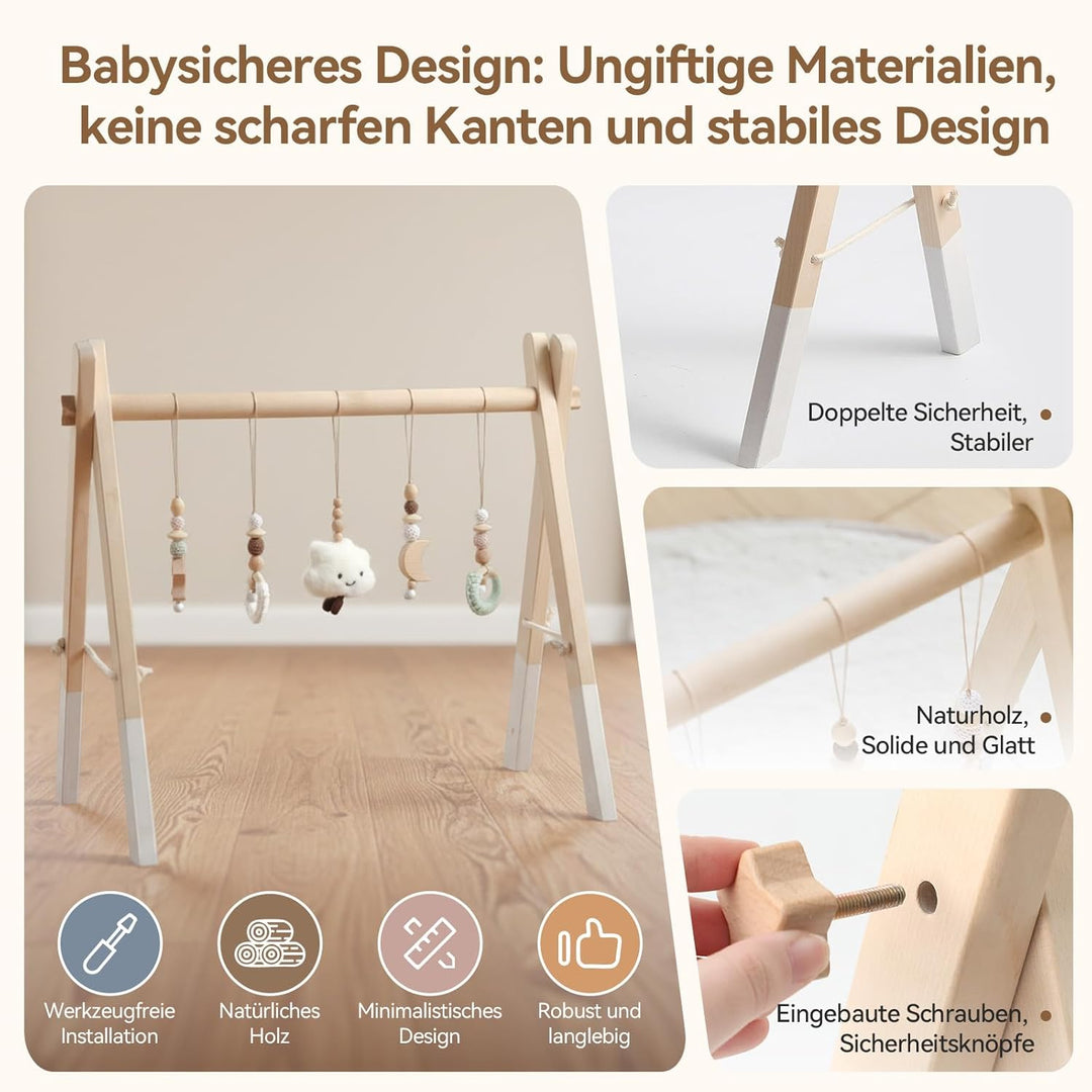 Spielbogen Baby Holz- Montessori Spielbogen mit 5 abnehmbaren Sensorischen Spielzeugen, Faltbar Baby