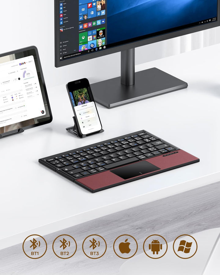 OMOTON Faltbare Bluetooth Tastatur mit Touchpad, Tragbare Kabellose Tastatur Mini Reise mit 3 Blueto