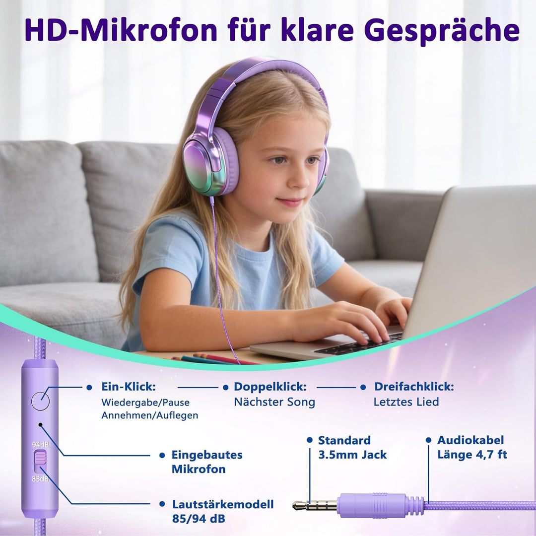 Kinder Kopfhörer Kabelgebunden mit Mikrofon, Faltbarer Über-Ohr Kopfhörer für Kleinkinder, Kinder un