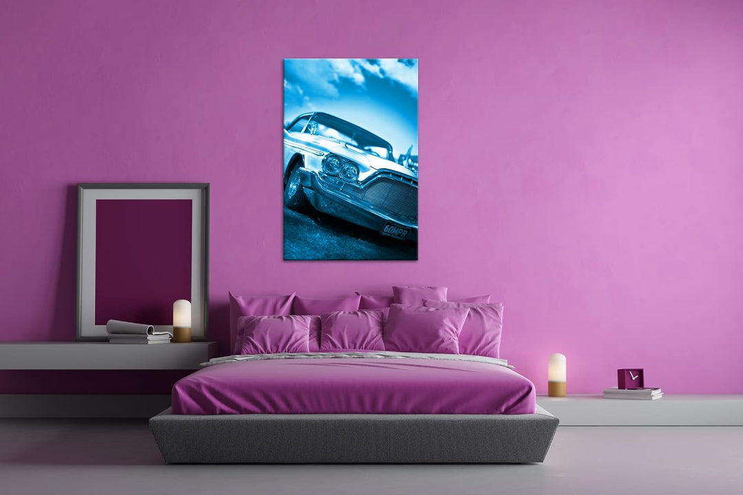 deyoli englischer Oldtimer Format 80x60 Effekt: Monocrome Blau als Leinwandbild, Motiv fertig gerahm