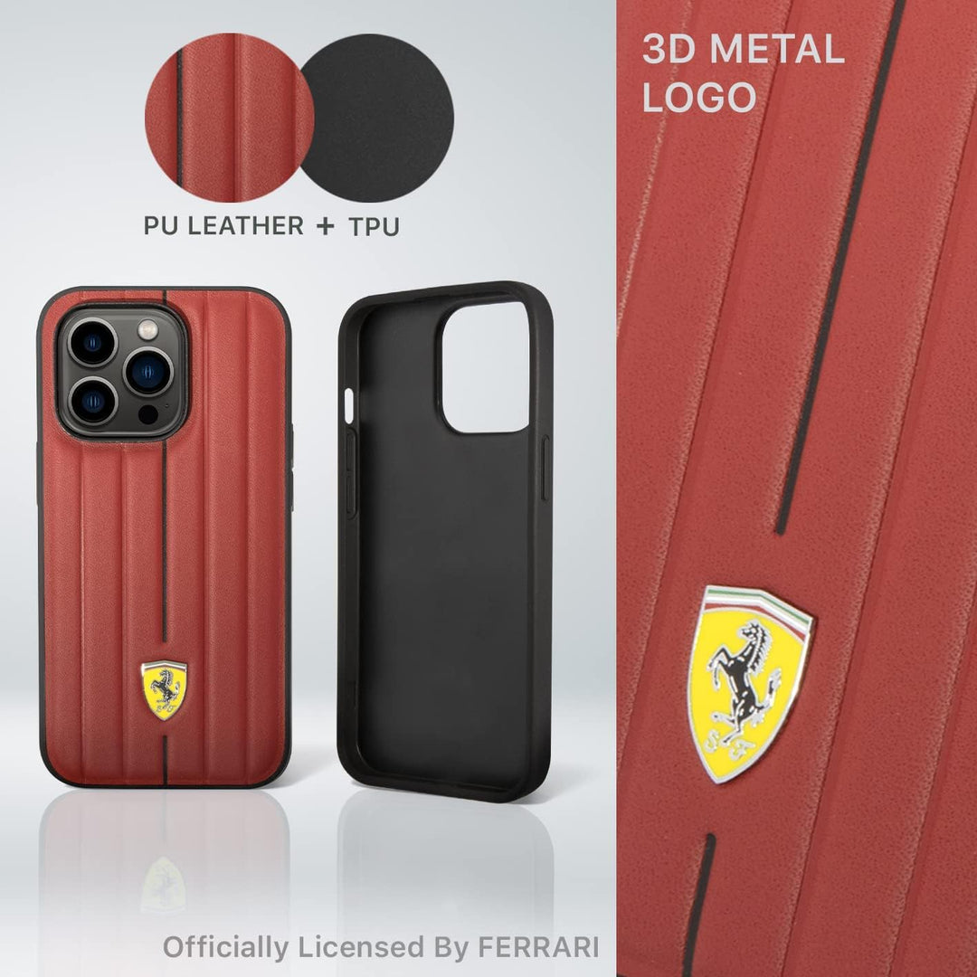 CG MOBILE Ferrari Schutzhülle für iPhone 14 Pro in Rot geprägte Streifen, Leder, langlebige und krat