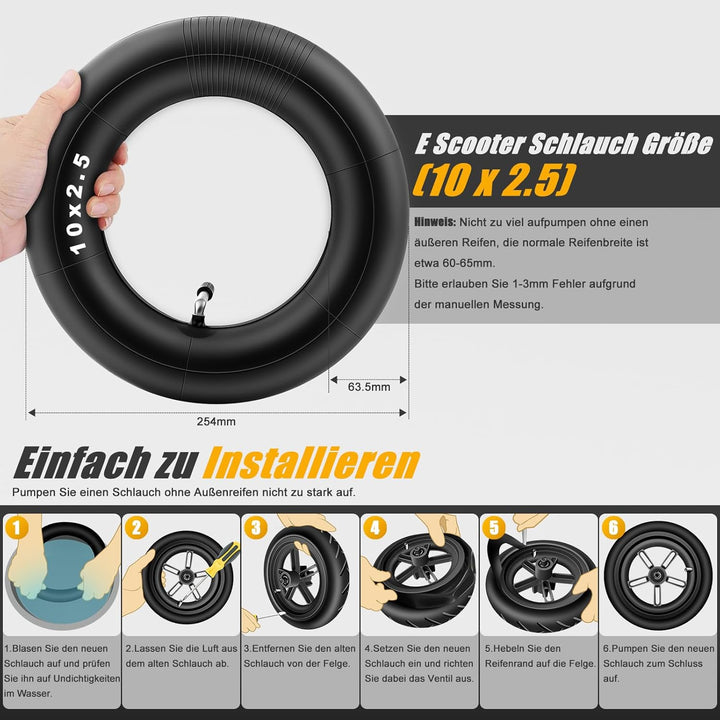 E Scooter Schlauch 10x2.50, 60/70-6.5 Schlauch Dickwandig & Haltbarem mit Silberne Ventil 90°, 10 Zo