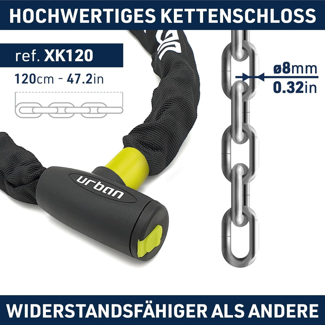 URBAN XK120 Anti-Diebstahl Kette Vorhängeschloss Gehärteter Stahl Scooter und Fahrrad, leicht 120 cm