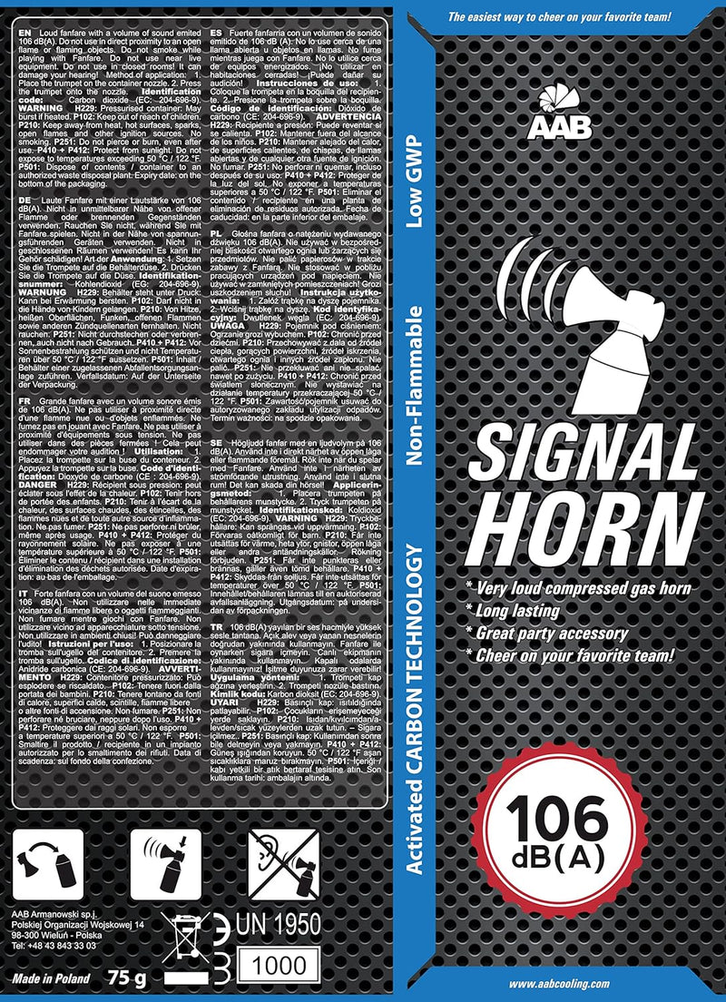 AAB Signal Horn – Laut Drucklufthorn 106 dB(A), Fussball Fanartikel Mit Nicht Brennbarem Gas, Fanfar