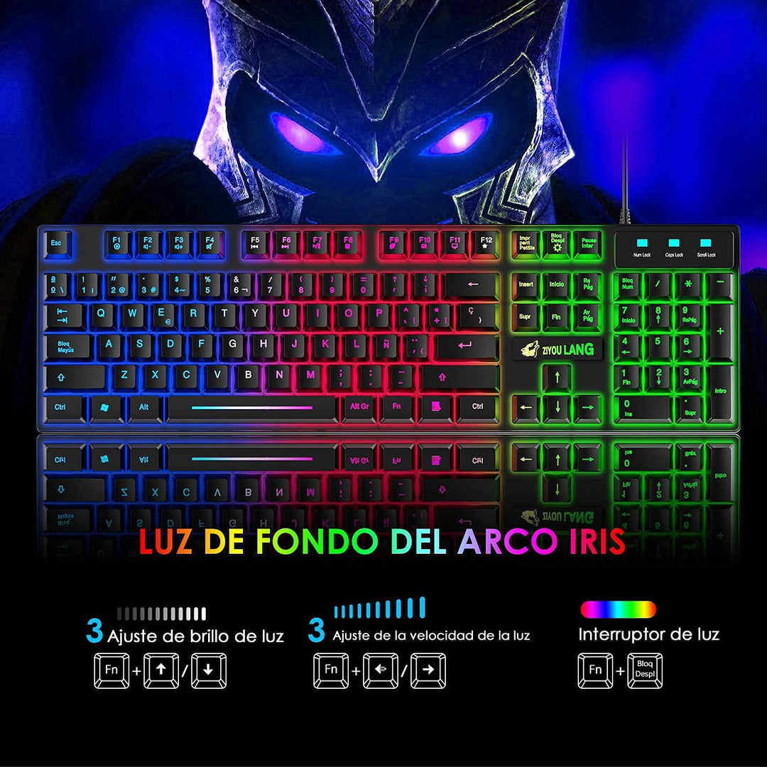 ZIYOU LANG T13 Gaming-Tastatur und Maus-Set [Spanisches QWERTY-Layout], 104 Tasten mit Rainbow LED B