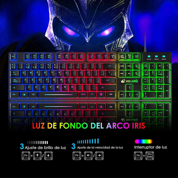 ZIYOU LANG T13 Gaming-Tastatur und Maus-Set [Spanisches QWERTY-Layout], 104 Tasten mit Rainbow LED B