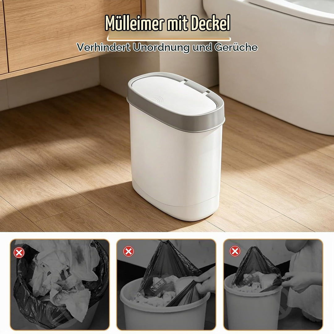 Bad Mülleimer mit Deckel 8,5L schmaler Abfalleimer Weiss Badezimmer | BPA-freier Kunststoff, schmal