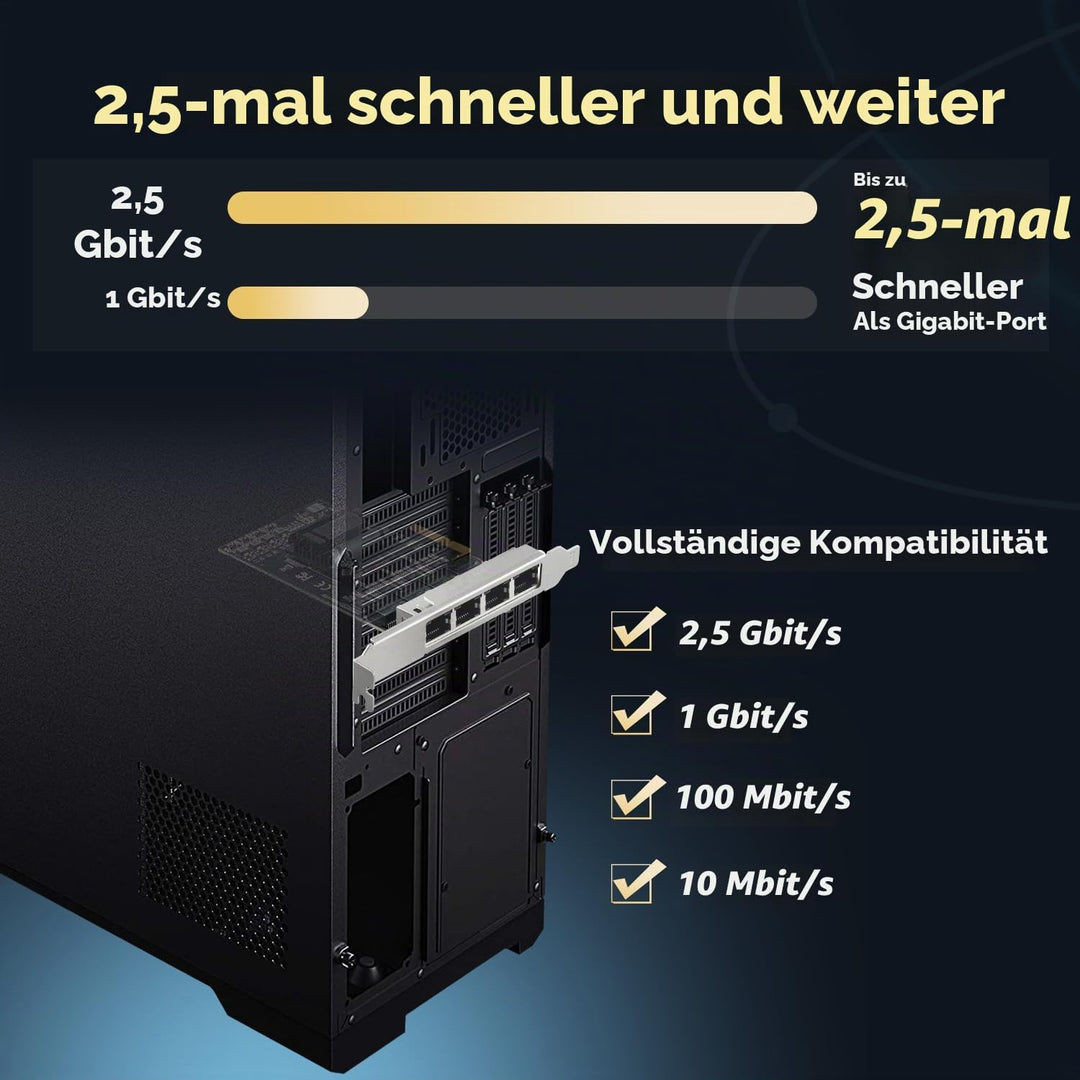 Binardat 4 Ports 2.5G PCIe Netzwerk Adapter, RTL8125B LAN Controller, 2500/1000/100Mbps RJ45 Etherne