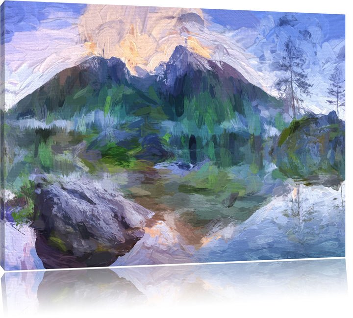 Pixxprint Sonnenaufgang am Hintersee Kunst Pinsel Effekt, Format: 100x70 auf Leinwand, XXL riesige B