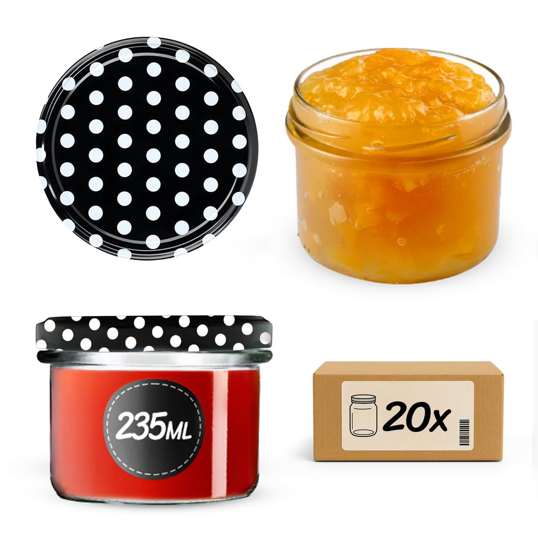 KADAX 20er Set Marmeladengläser 235ml TO82 Schwarz gepunktet, Einmachgläser Vorratsgläser Mason Jar