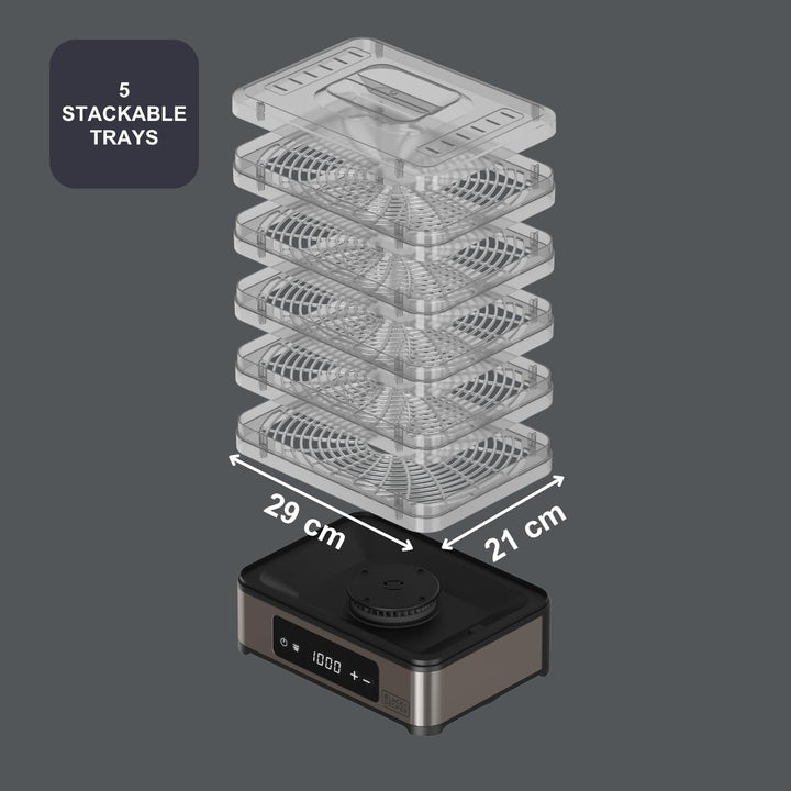 Black+Decker - Dörrgerät für Lebensmittel 400 W | 5 transparente Einschübe 29x21 cm | Digital-Touch