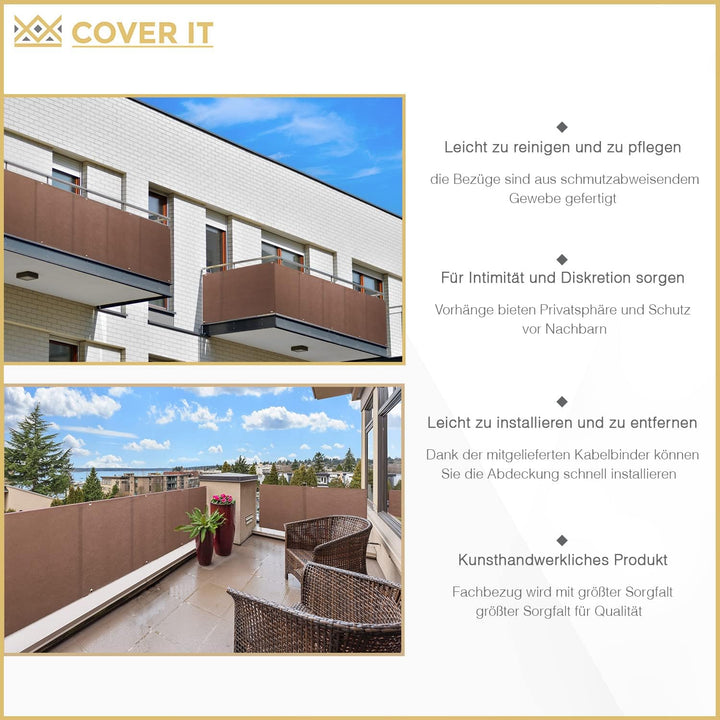 COVER IT Balkon Sichtschutz 65 x 700 cm Braun | Balkonsichtschutz ohne Bohren mit Ösen für Balkon, T