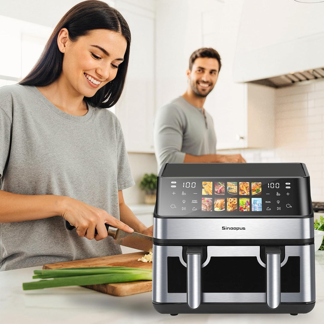 Heissluftfritteuse 2000W Doppel Fritteuse mit 2 Kammern und 8.5 Liter Volumen, 10 Programme, Touch-B