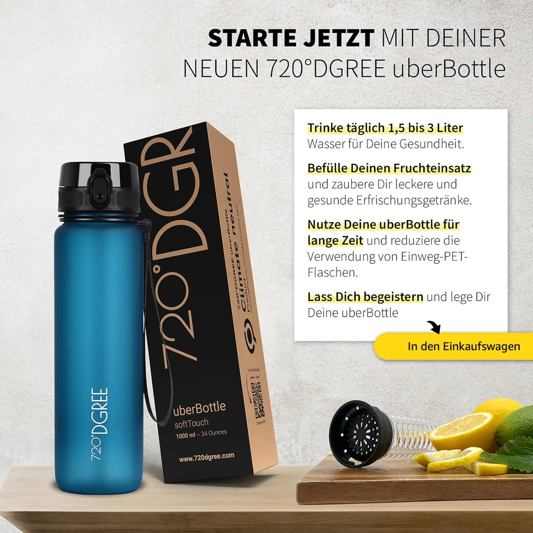 720°DGREE Trinkflasche “uberBottle“ 350ml, 500ml, 650ml, 1l, 1,5 Liter softTouch +Früchtebehälter -