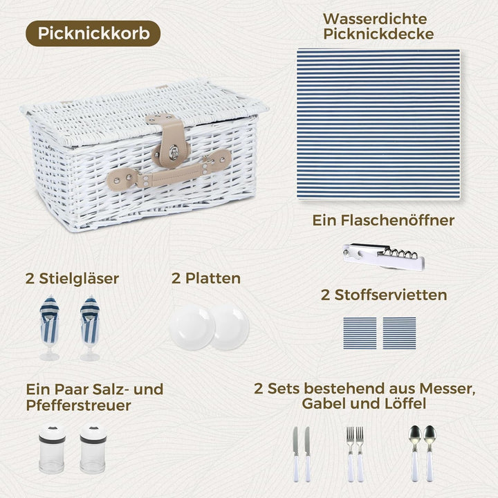 Picknickkorb Set für 2 Person mit Kühlfach und wasserdichte Picknickdecke, Abnehmbarer Riemen, Weinb