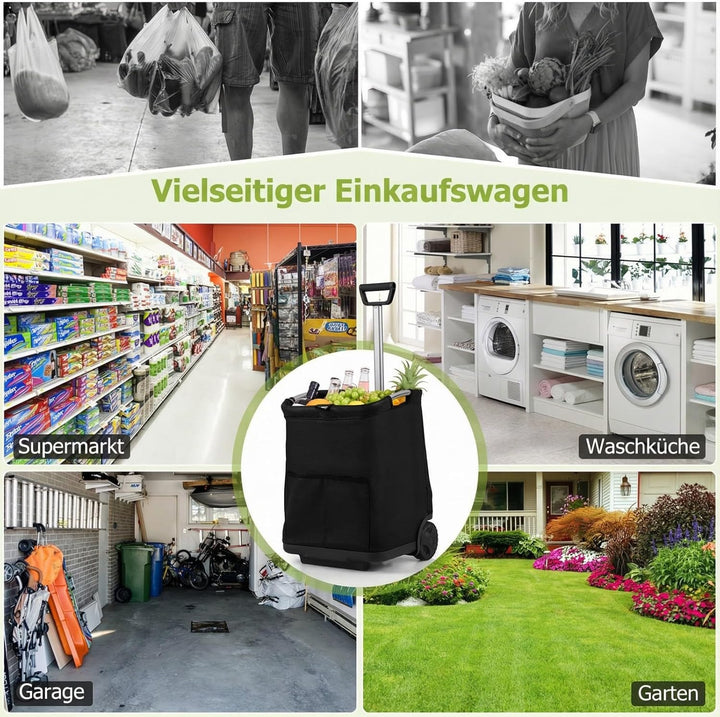 COSTWAY Einkaufstrolley klappbar, 50 Liter, Einkaufswagen mit 3 Taschen & verstellbarem Griff, Einka