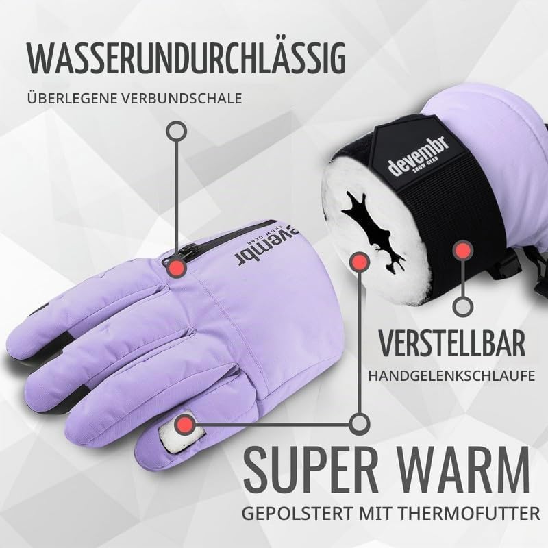 devembr Skihandschuhe mit Handgelenkschützern, Warme Snowboardhandschuhe für Herren und Damen (XS/S/