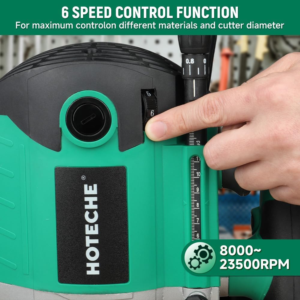 Hoteche 2100W 12MM Oberfräse, 8000-23500 U/min, 55MM Arbeitstiefe, Aluminium-Grundplatte, inkl. Zube