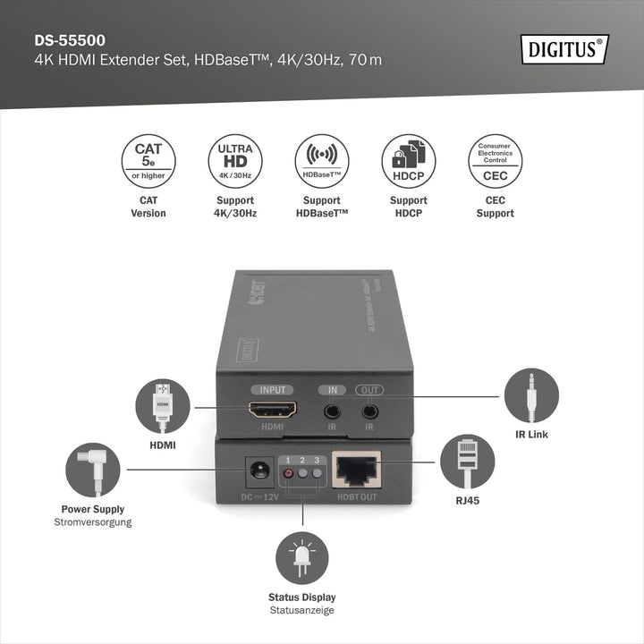 DIGITUS HDMI-Extender - 4K/30Hz - Sender & Empfänger - HDBaseT - HDCP 2.2 - Reichweite bis 70m - Pat