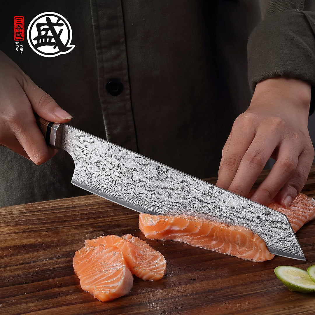 MITSUMOTO SAKARI 22 cm Handgeschmiedetes Japan Kiritsuke Kochmesser | AUS-10 Damaststahl Küchenmesse