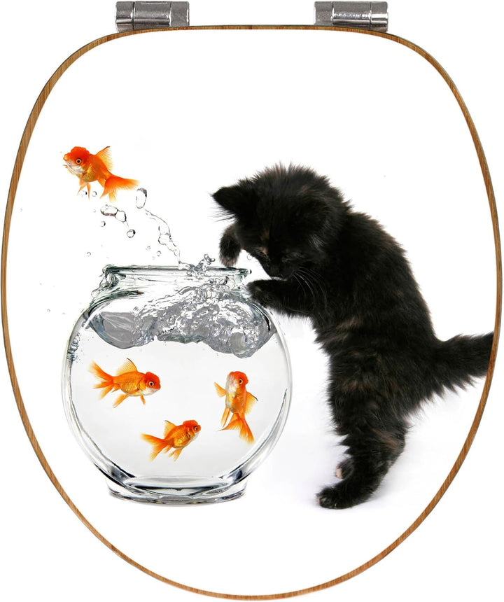 banjado® Design WC Sitz Bambus Absenkautomatik mit Motiv Katze Und Fisch/Toilettendeckel mit Absenka