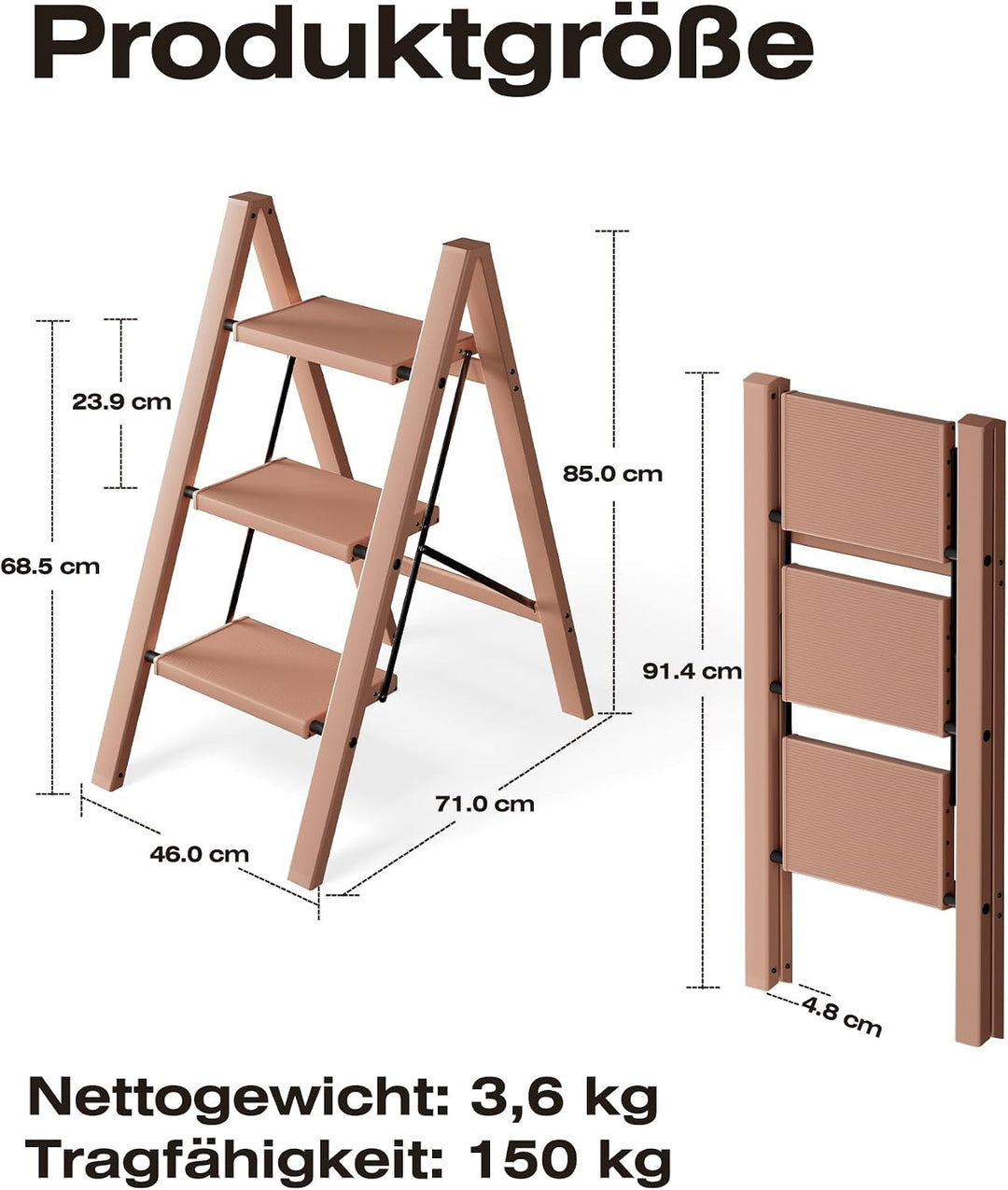Trittleiter 3 Stufen klappbar,Tritthocker aus Aluminium | 150 kg Tragfähigkeit,Leiter mit rutschfest