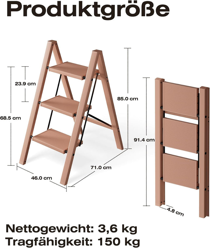 Trittleiter 3 Stufen klappbar,Tritthocker aus Aluminium | 150 kg Tragfähigkeit,Leiter mit rutschfest