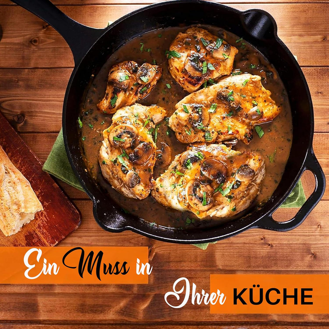 NutriChef Gusseisenpfanne Induktion – Cast Iron Pan, Cast Iron Skillet – Voreingebrante 3er Pan Set