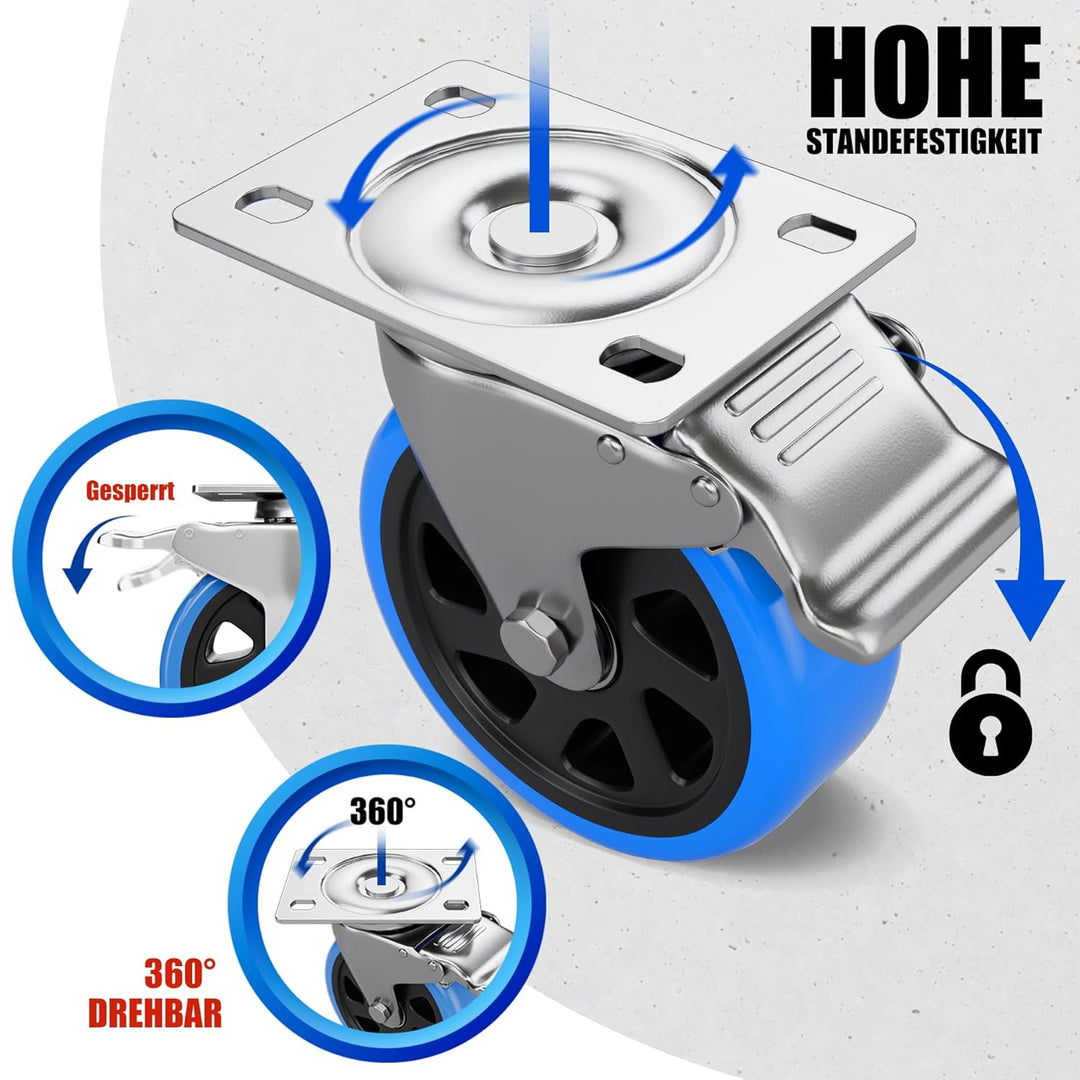4PCS Lenkrollen 75mm inkl. Montagezubehör Transportrollen Schwerlastrollen mit Bremsem 360° Drehung