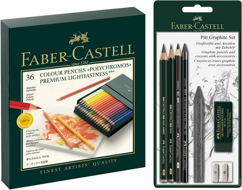 Faber-Castell 110092 - Farbstifte Polychromos 36er Atelierbox und Pitt Graphite Zeichenset Polychrom