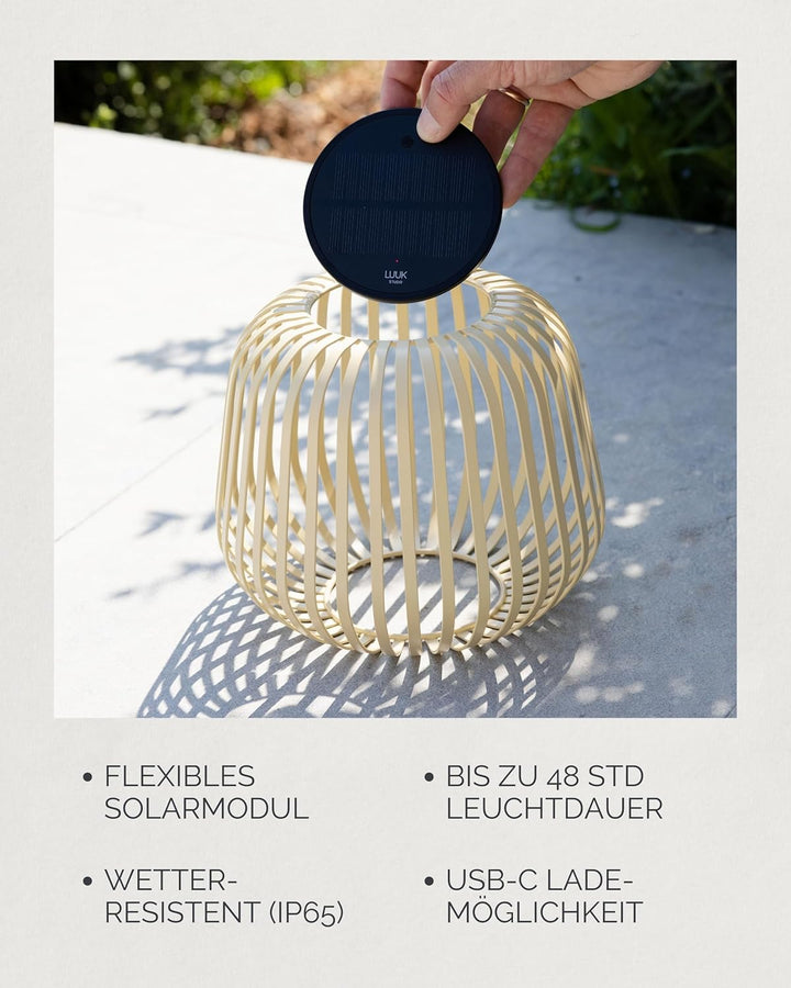 LUUK Studio Moderne Solarlampe für Garten, Balkon oder Terrasse, warmweisses Licht & dimmbare Hellig