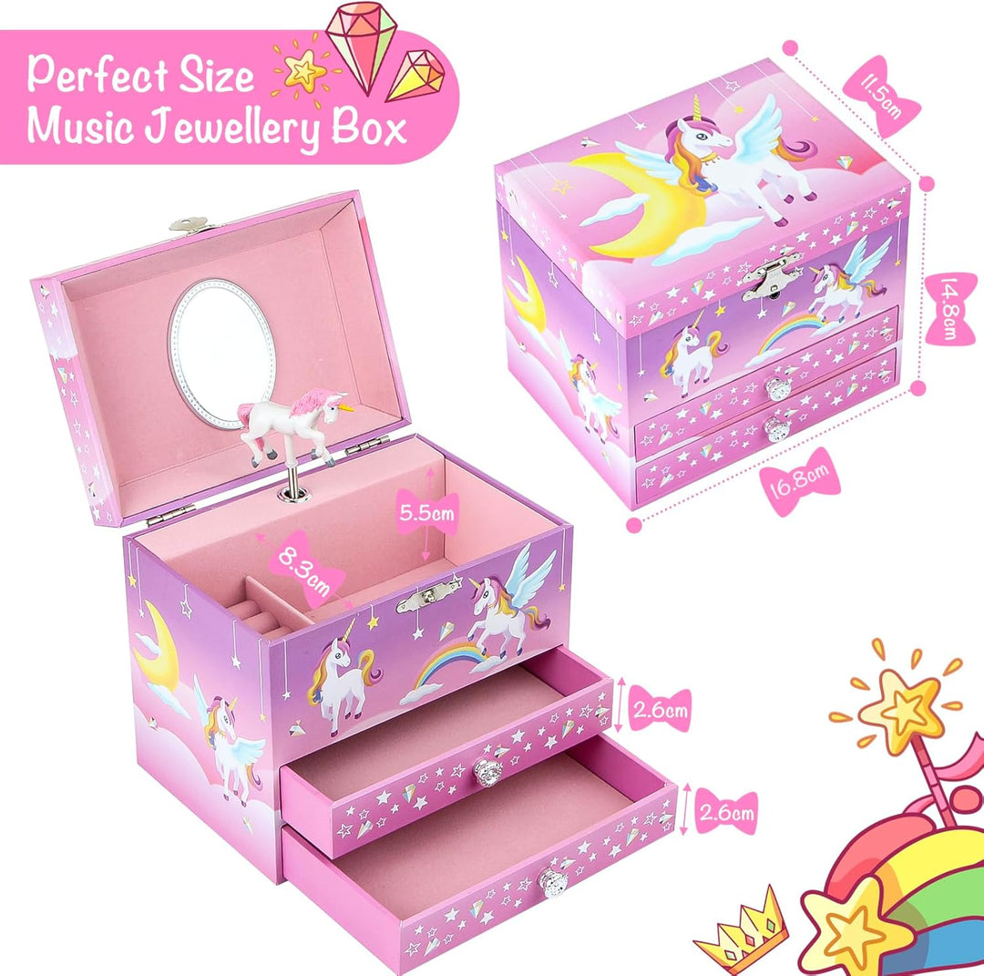 Einhorn Schmuckkästchen für Mädchen, Musikalische Schmuckschatulle (Pink Pony) Regenbogen Pony, Rege