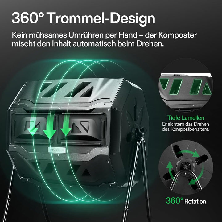 VIVOSUN Trommelkomposter 163L, Drehbarer Schnellkomposter mit 2 Kammern, Robuster Kunststoff Gartenk