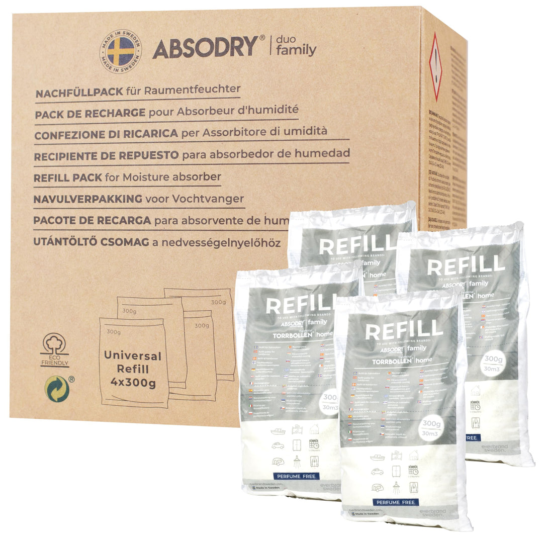AbsoDry - Luftentfeuchter Nachfüllpack 4x300g - AbsoDry kompatibel - Verhindert Geruch &amp; bindet Feuc