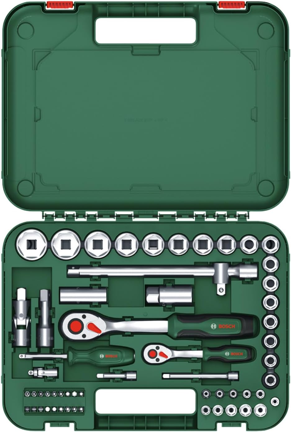 Bosch Ratschen Set 1/4" + 1/2", 57-teilig (Zwei robuste Ratschen; 55 Zubehöre; Hohes Drehmoment; Ver