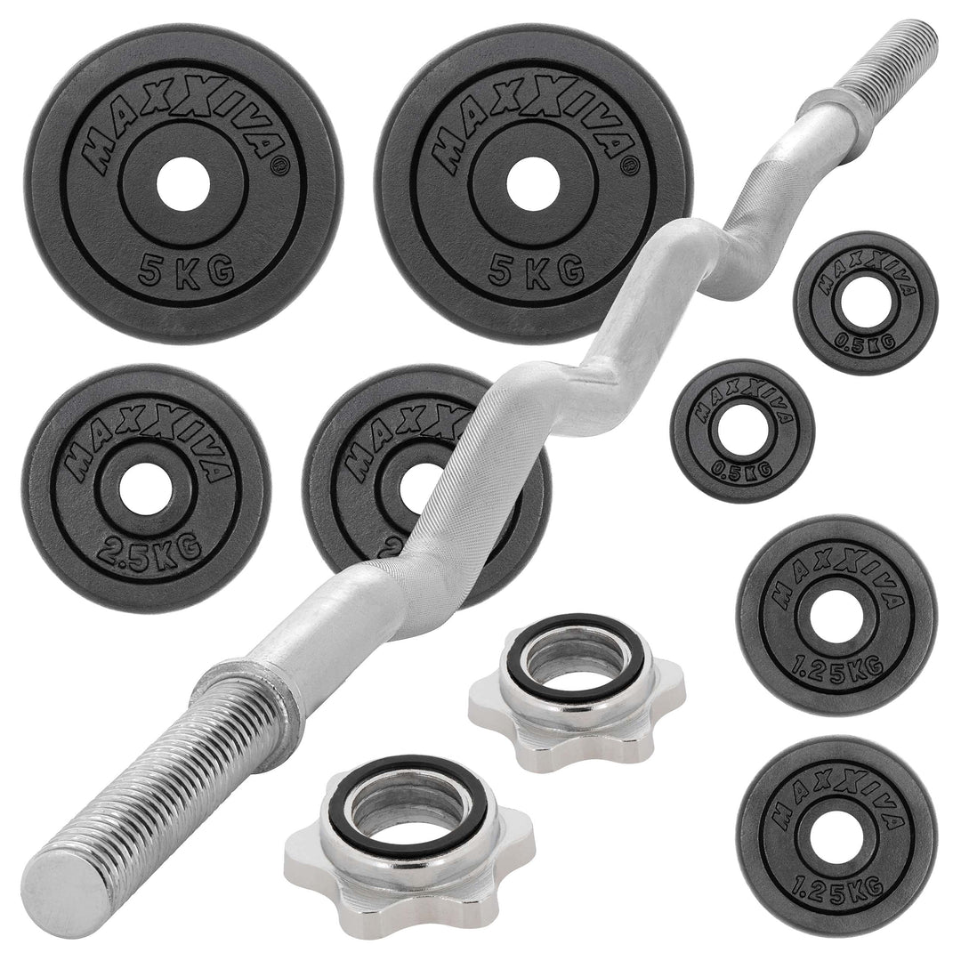 MAXXIVA Curl-Set 120 cm 26 kg 8 Gewichte Gusseisen Krafttraining Zugstange silber verchromt Workout